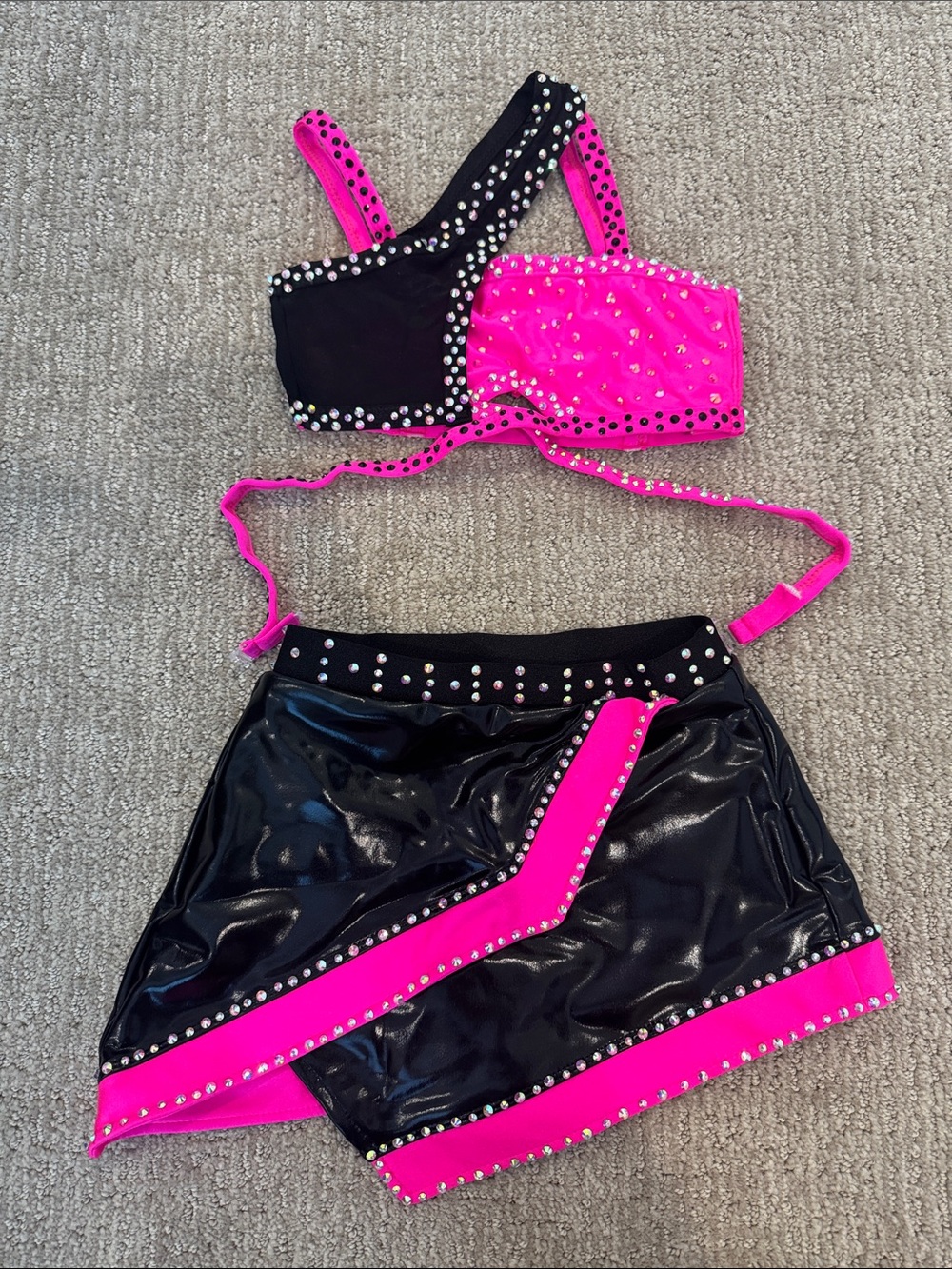 Kids Two-Piece Dance Costume in Hot Pink and Black with Stud Detail